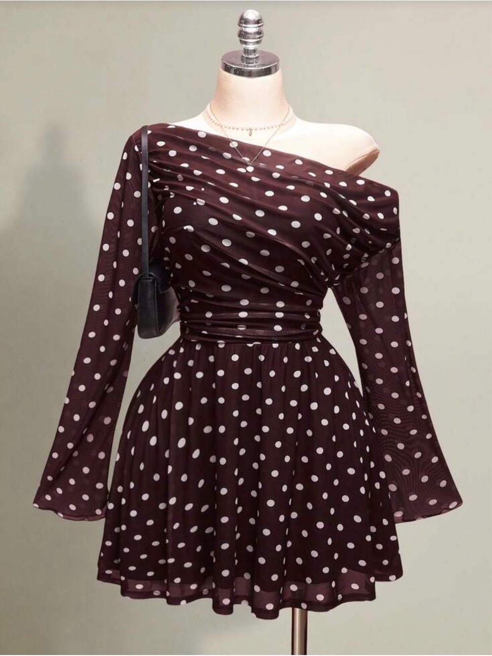 Polka Dot Off-Shoulder Fit & Flare Dress - Brown/White